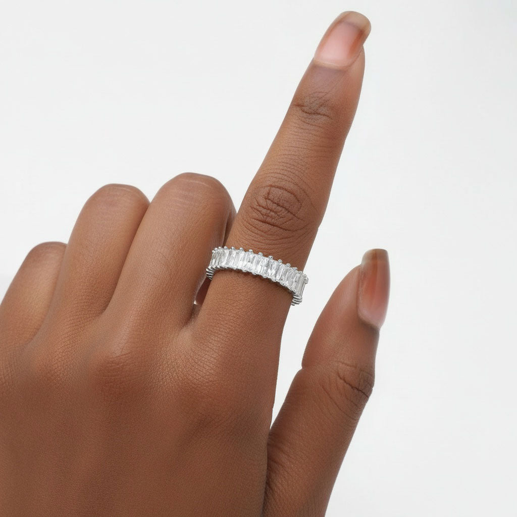 Baguette Simulated Diamond Band Eternity Ring - Silver