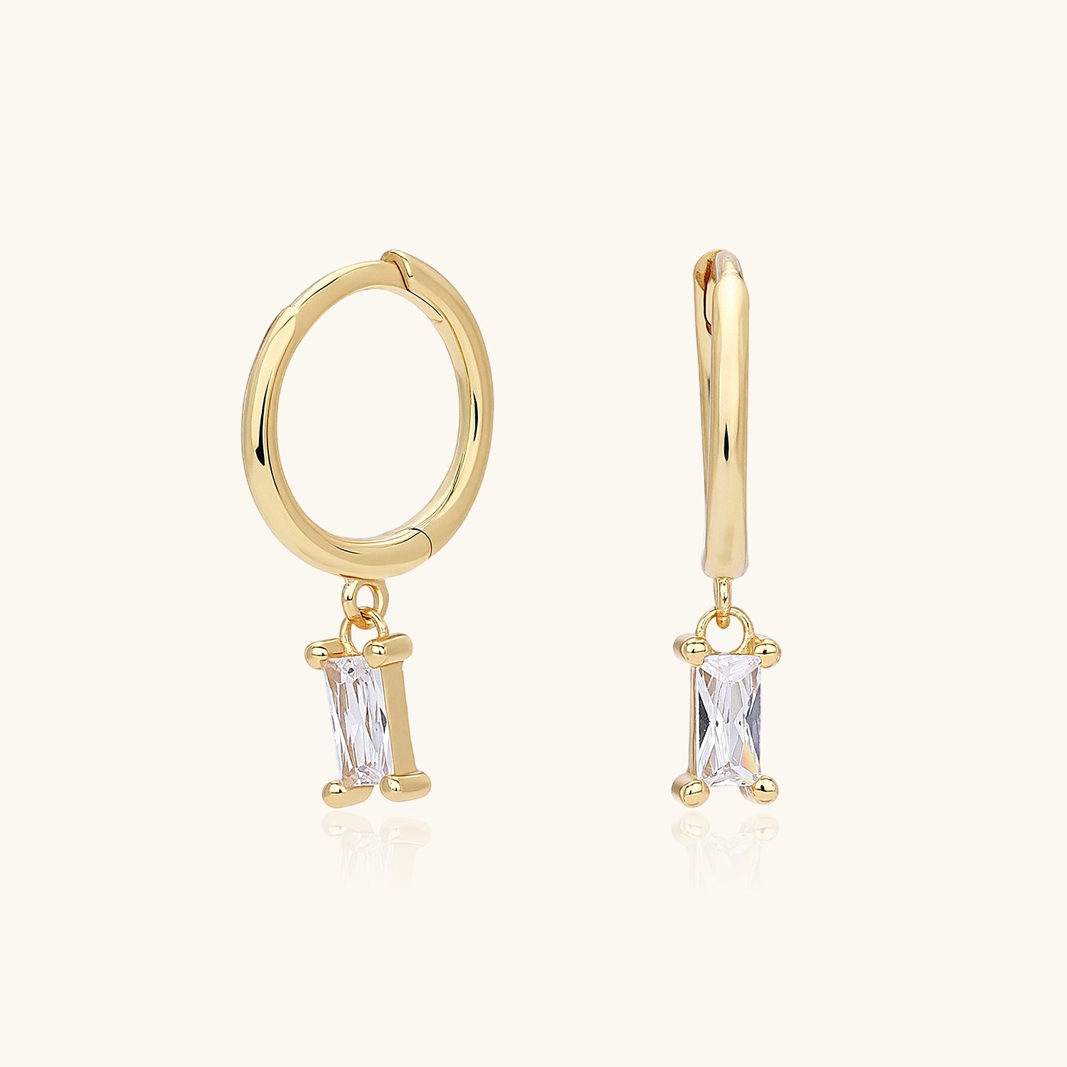 Baguette Diamond Drop Huggie Hoop Earrings - Gold