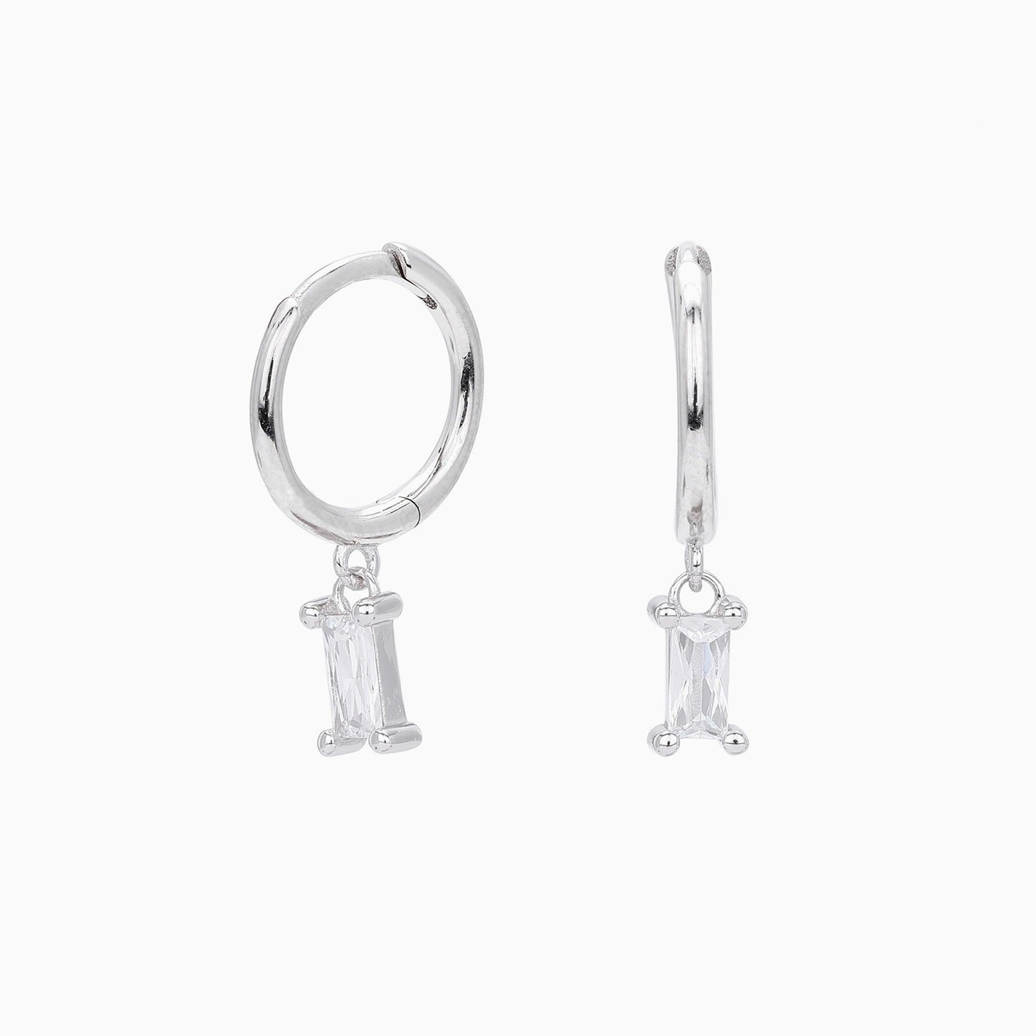 Baguette Diamond Drop Huggie Hoop Earrings - Silver