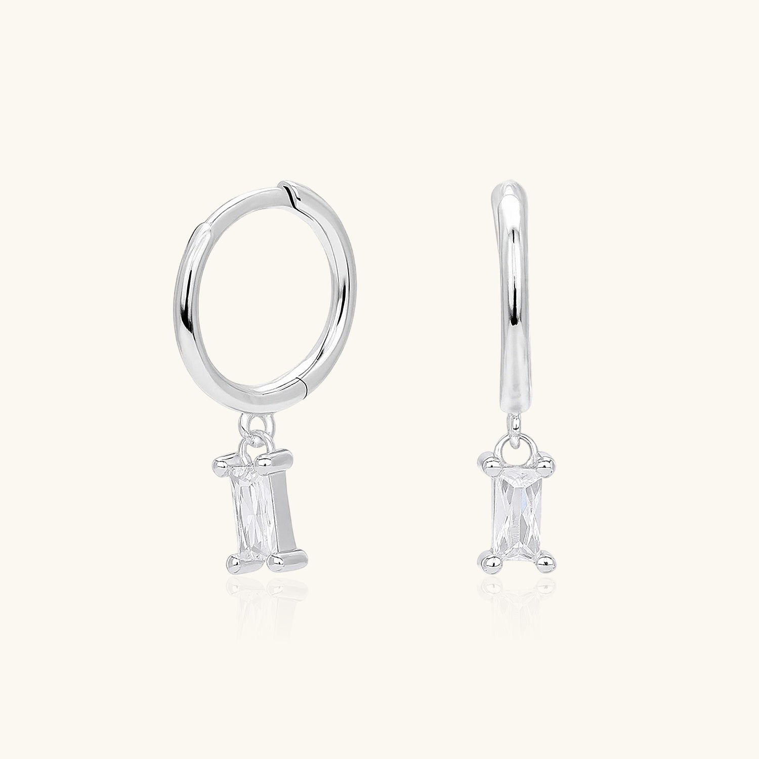 Baguette Diamond Drop Huggie Hoop Earrings - Silver
