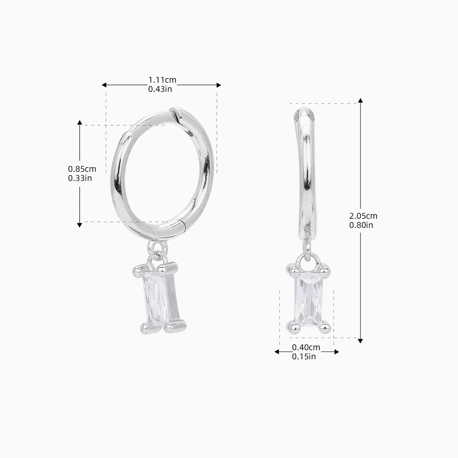 Baguette Diamond Drop Huggie Hoop Earrings - Silver