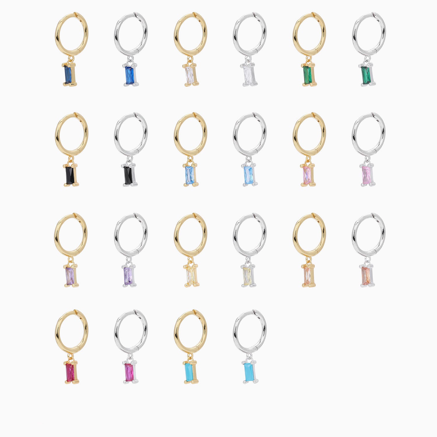 Baguette Diamond Drop Huggie Hoop Earrings - Silver