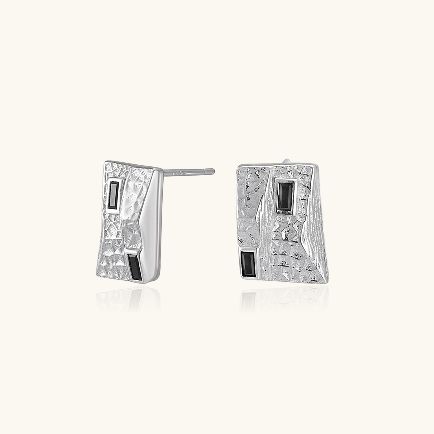 Baguette Diamond Rectangle Bar Stud Earrings - Silver