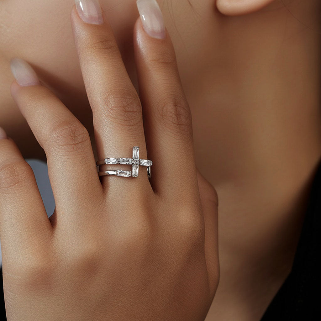 Baguette Diamond Sideways Cross Open Ring