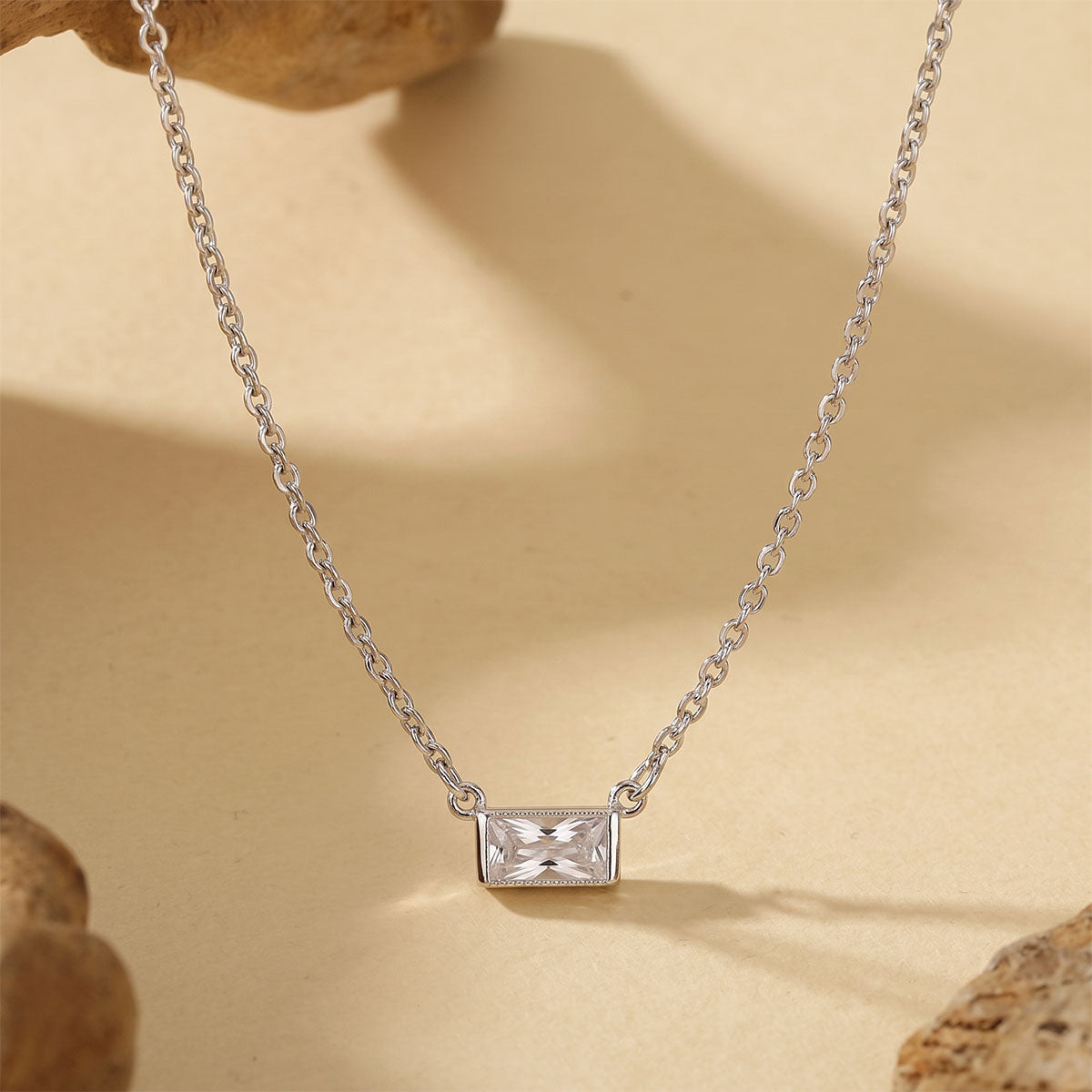 Baguette Simulated Diamond Pendant Necklace - Silver