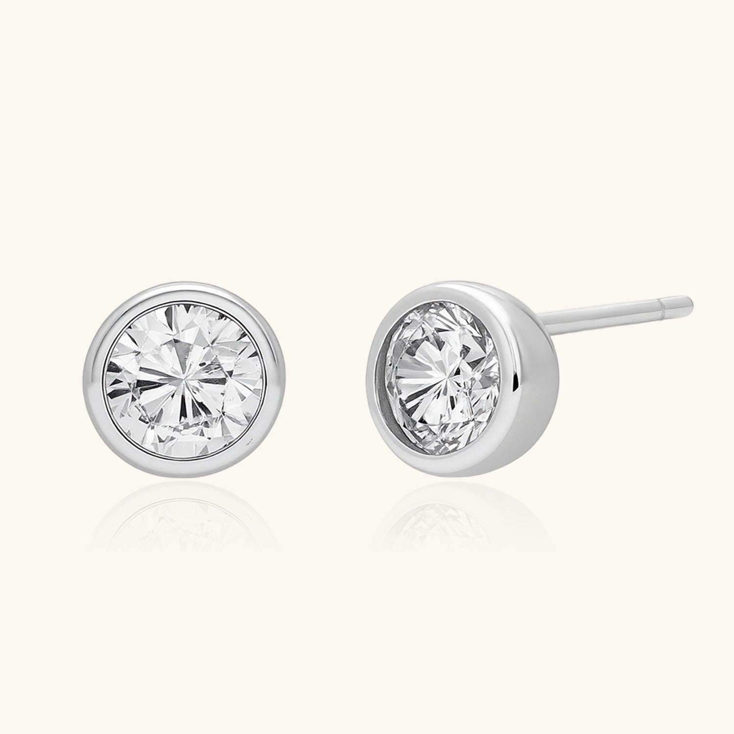 Bezel Diamond Solitaire Stud Earrings - Silver