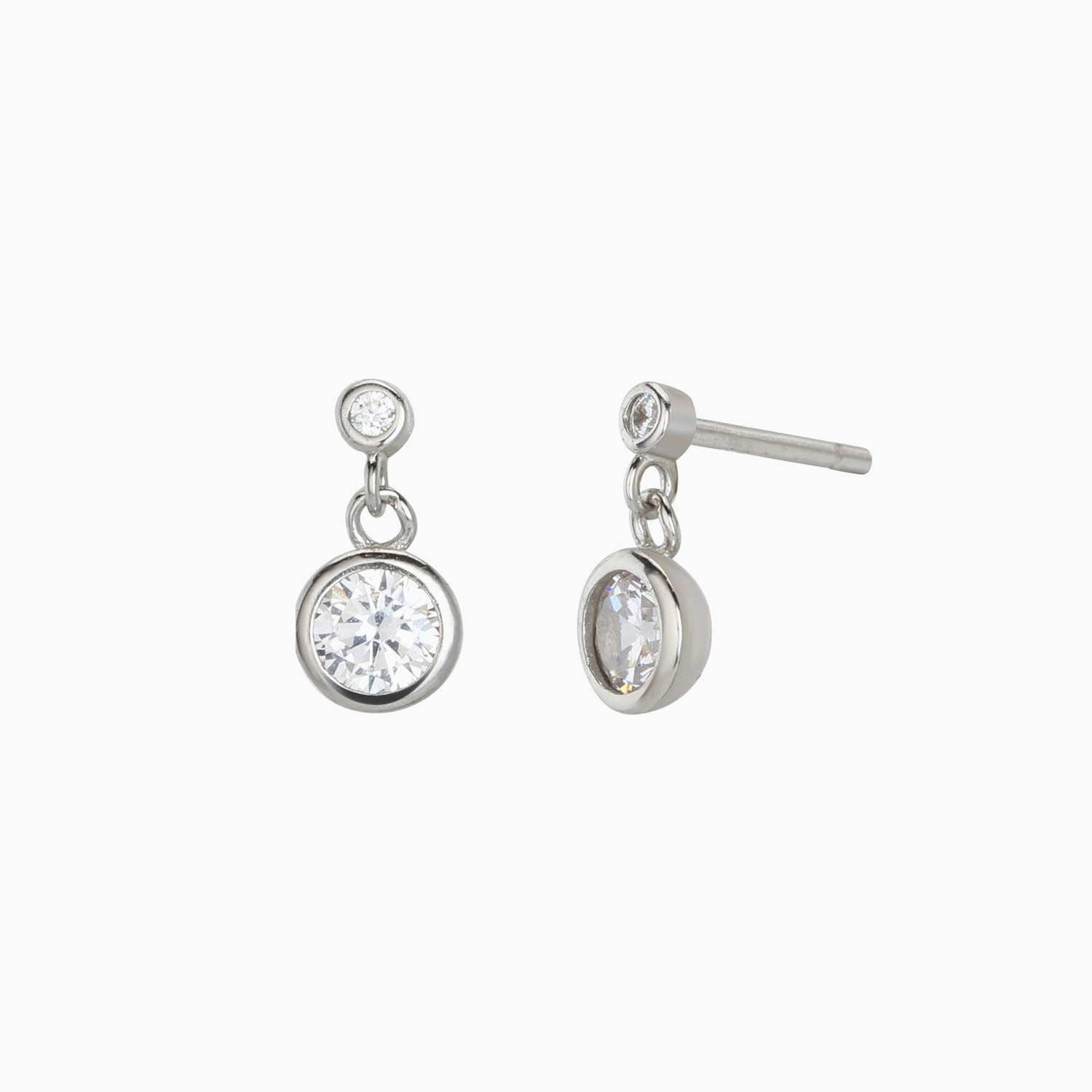 Bezel Double Diamond Drop Earrings - Silver