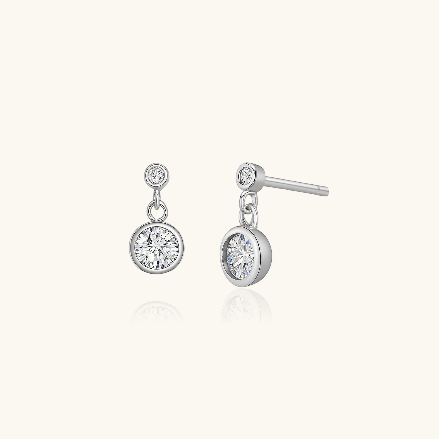 Bezel Double Diamond Drop Earrings - Silver