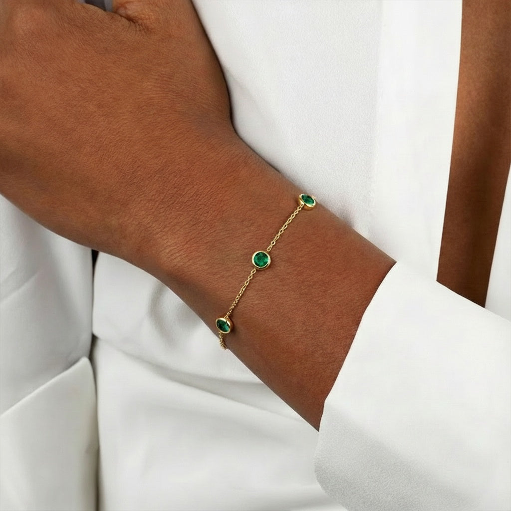 Bezel Emerald Three Stone Bracelet - Gold