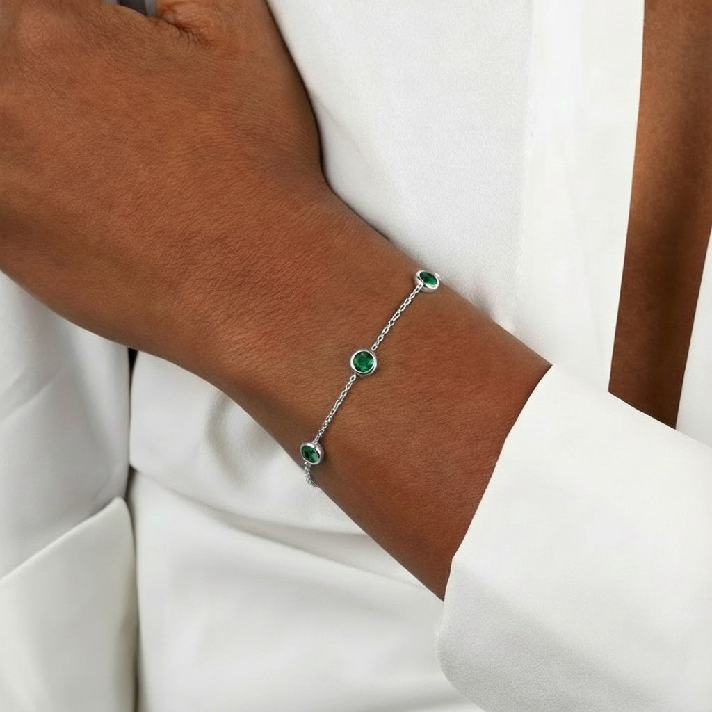 Bezel Emerald Three Stone Bracelet - Silver