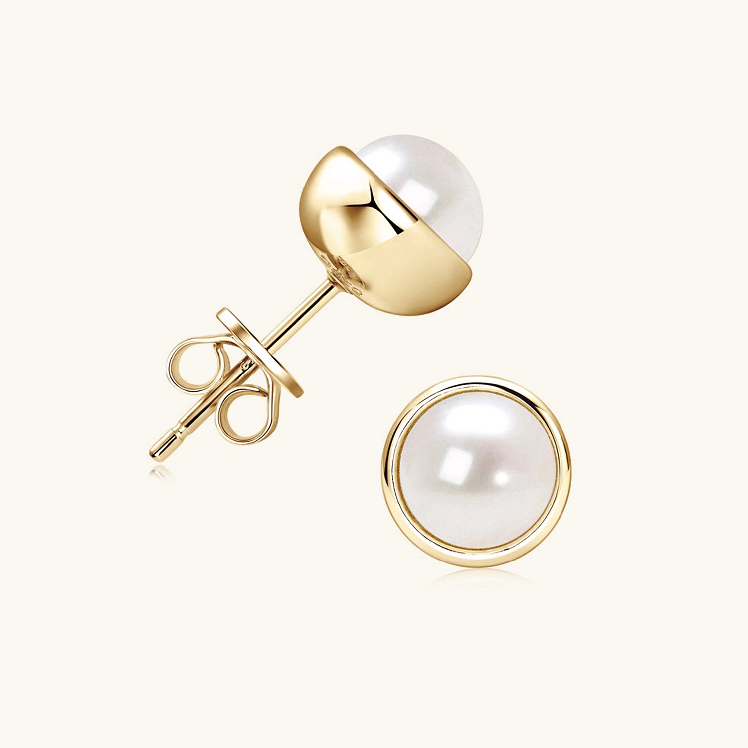 Bezel Freshwater Pearl Stud Earrings - Gold
