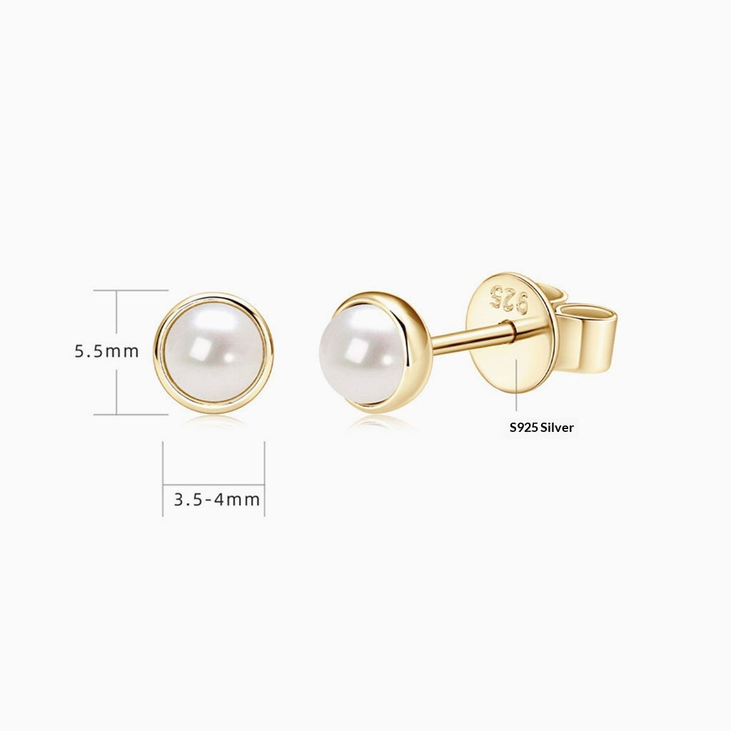 Bezel Freshwater Pearl Stud Earrings - Gold