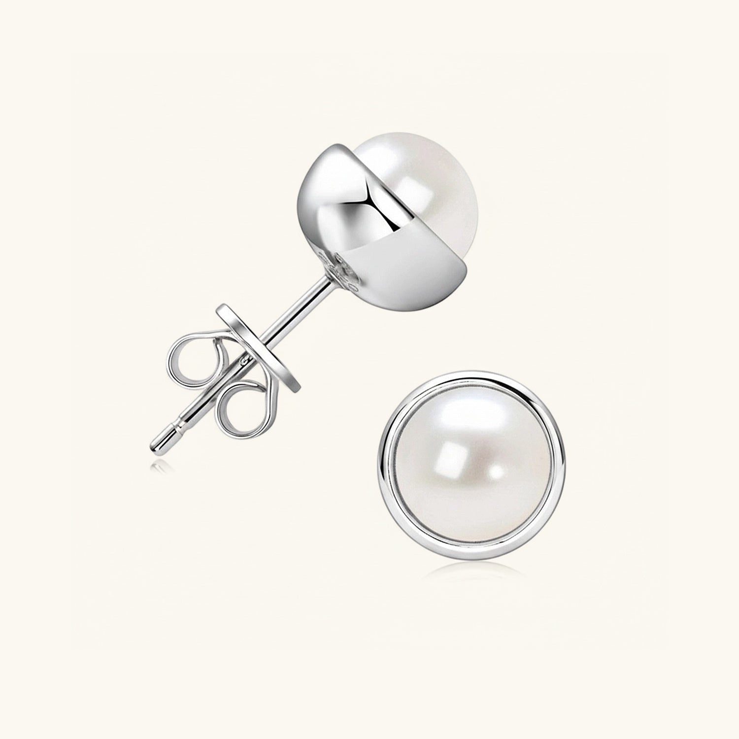 Bezel Freshwater Pearl Stud Earrings - Silver