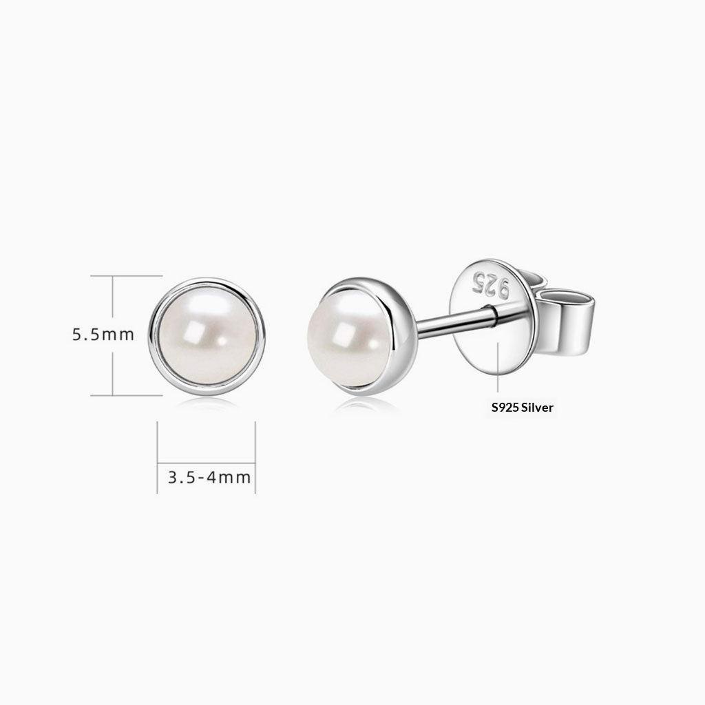 Bezel Freshwater Pearl Stud Earrings - Silver