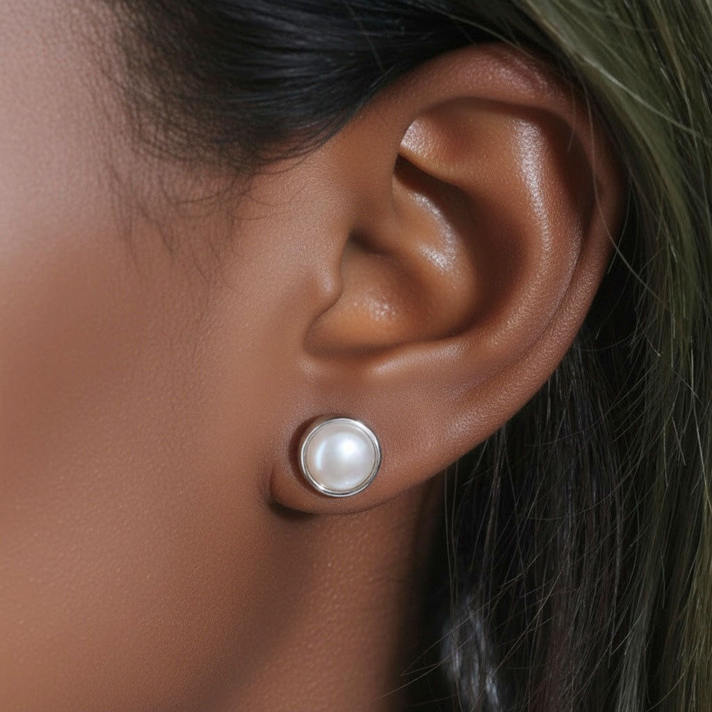 Bezel Freshwater Pearl Stud Earrings - Silver