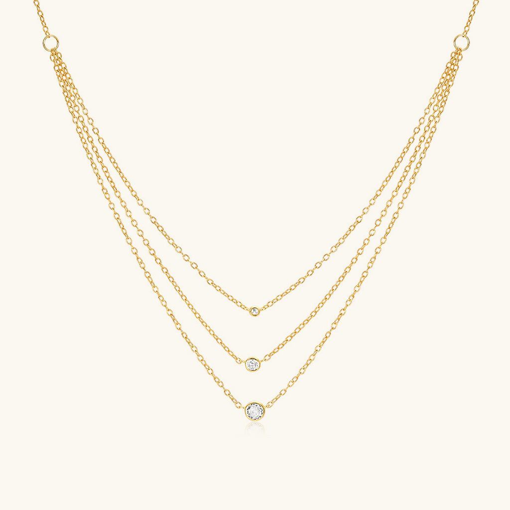Bezel Graduated Diamond Triple Layered Necklace - Gold