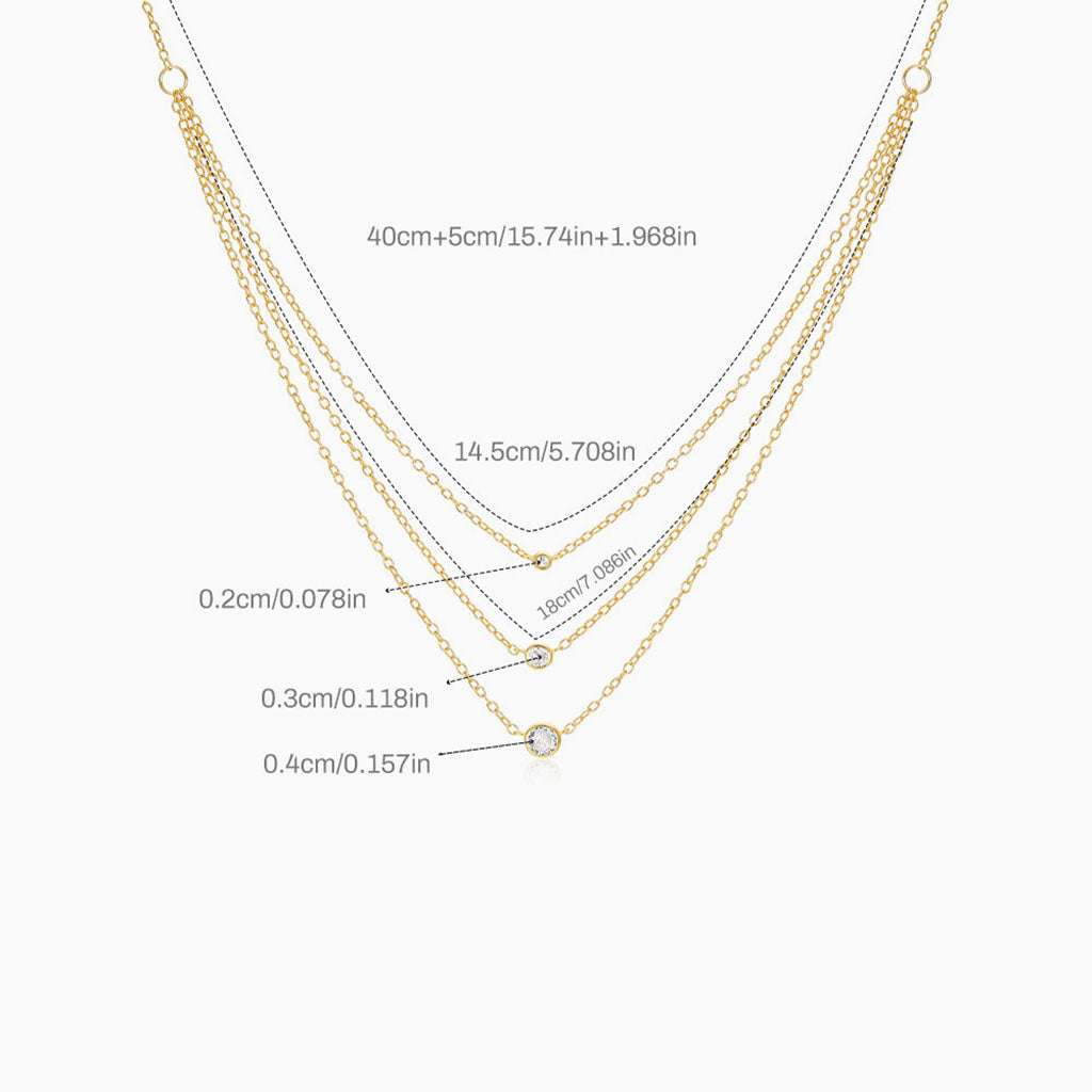 Bezel Graduated Diamond Triple Layered Necklace - Gold