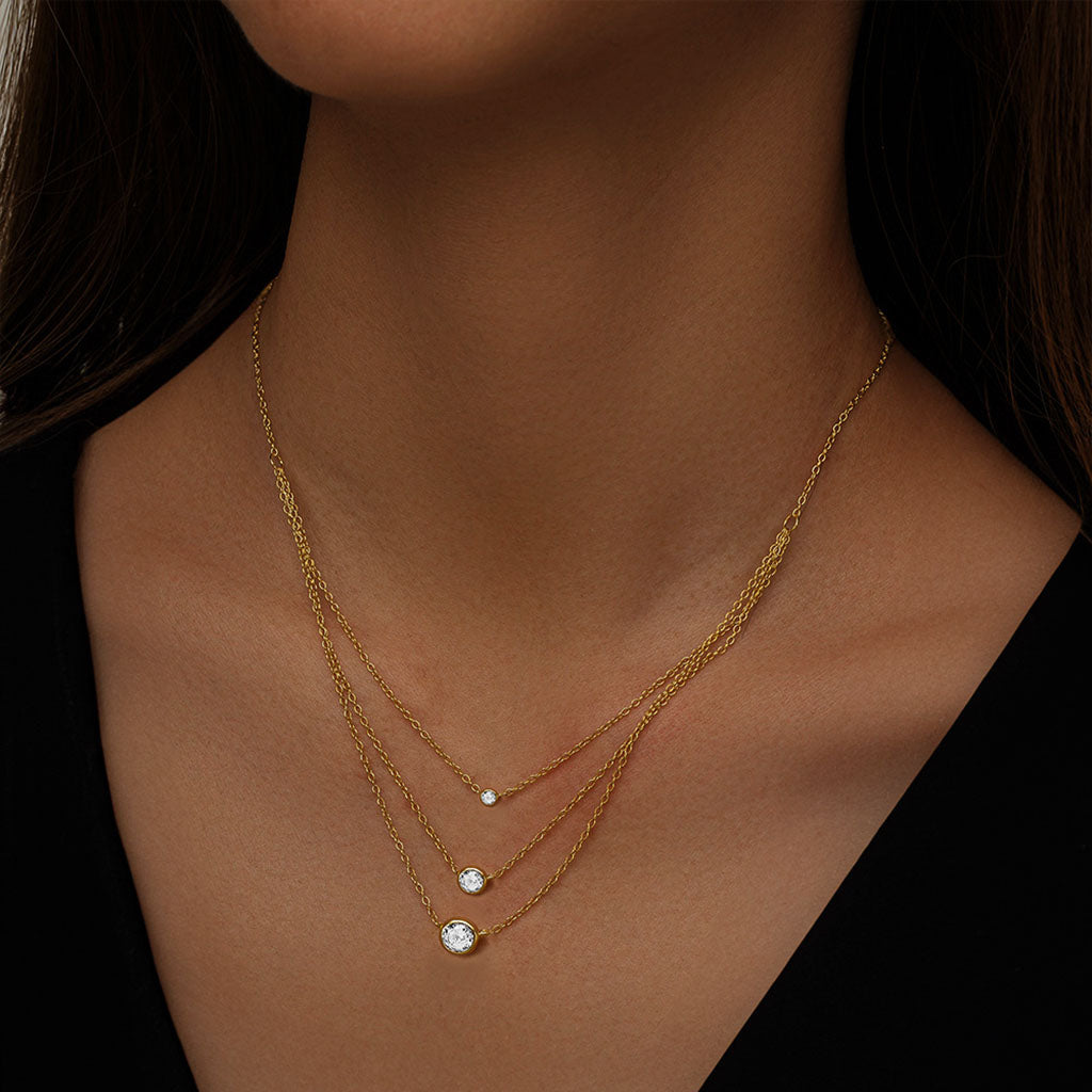 Bezel Graduated Diamond Triple Layered Necklace - Gold