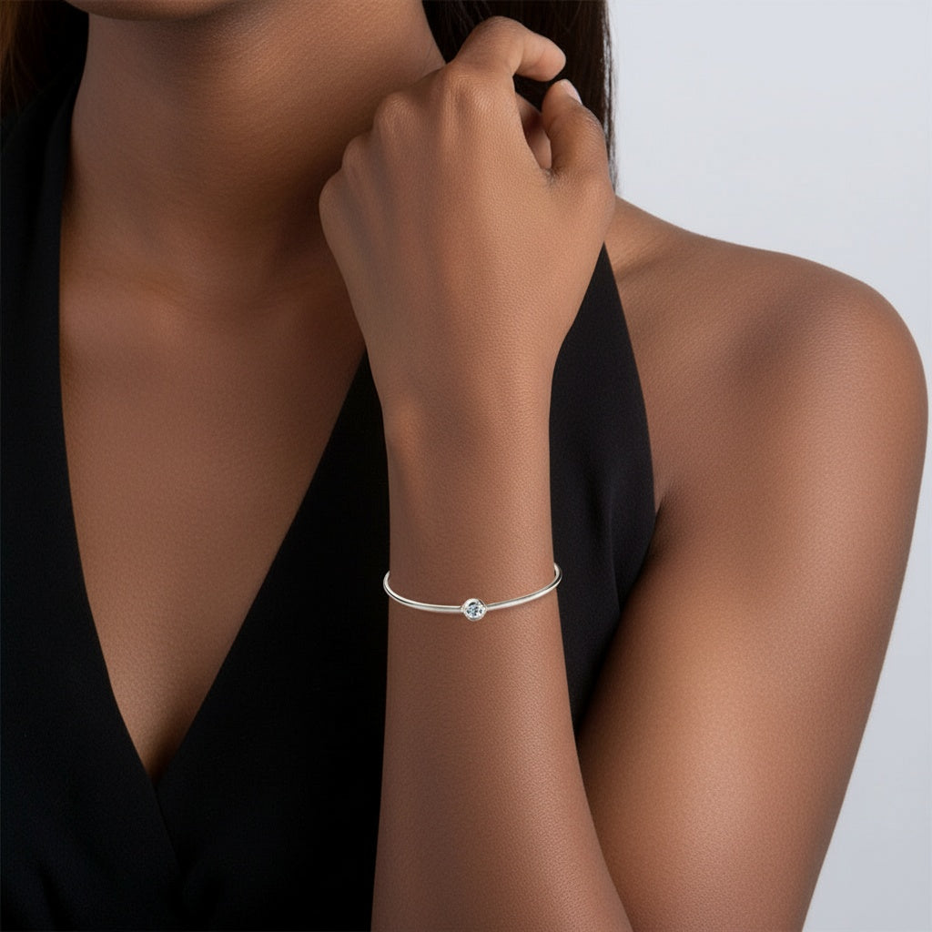 Bezel Moissanite Bangle Bracelet - Silver