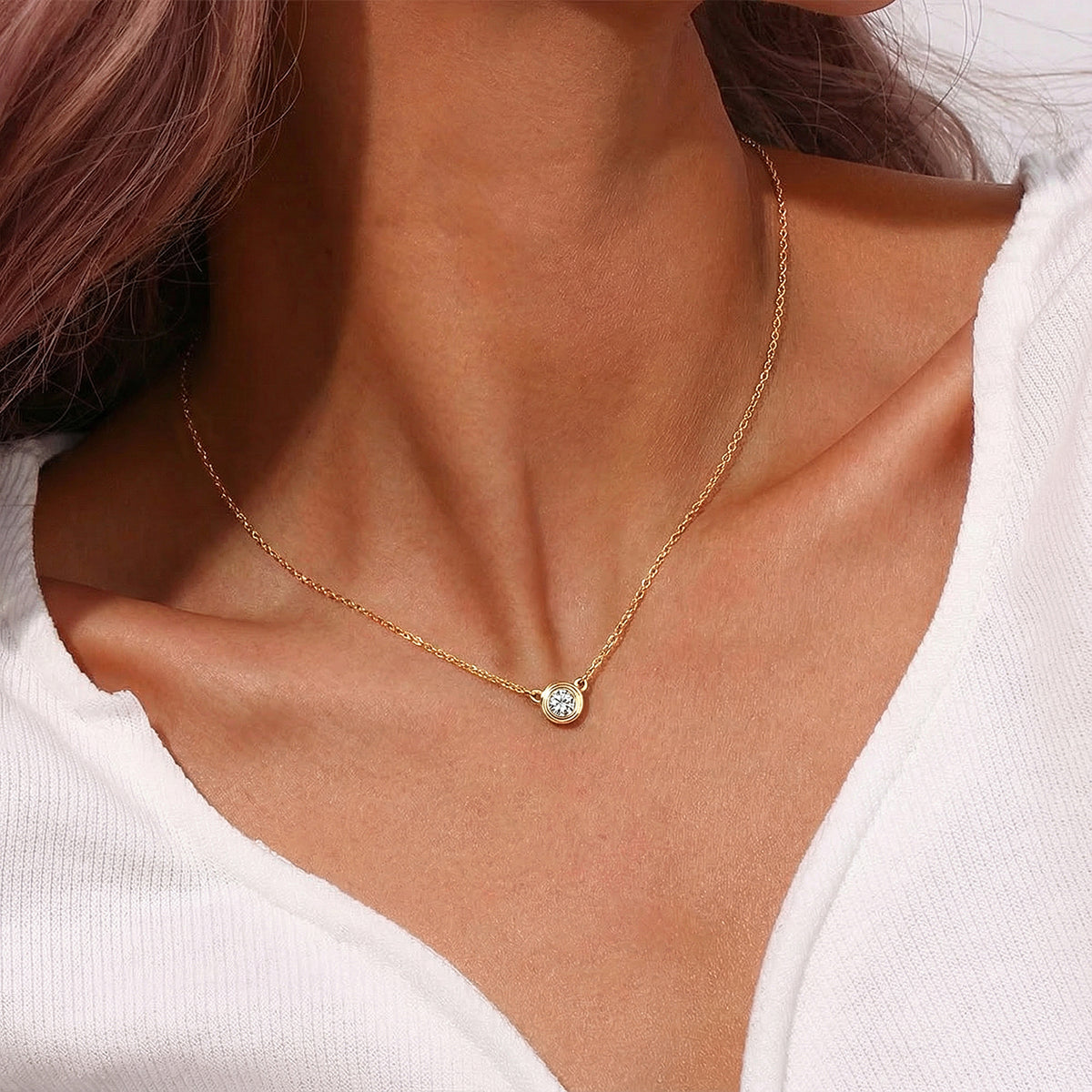 Bezel Moissanite Pendant Necklace - Gold