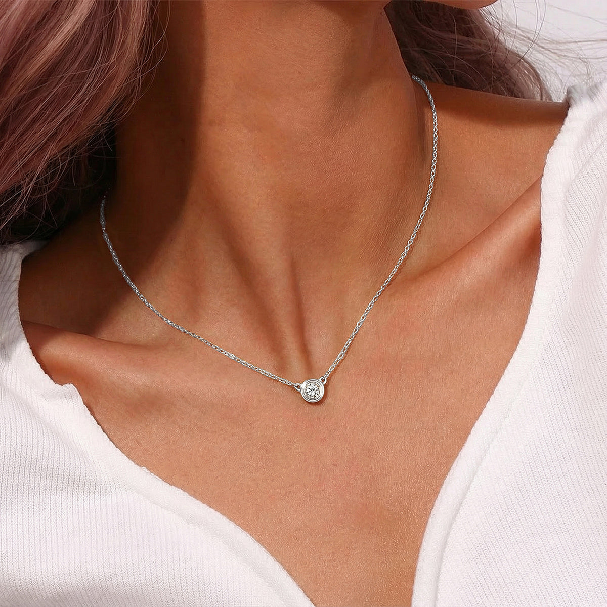 Bezel Moissanite Pendant Necklace - Silver