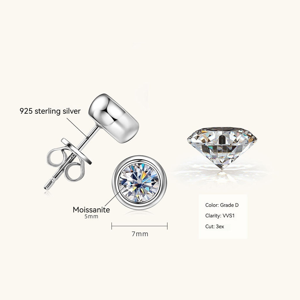 Bezel Moissanite Stud Earrings - Silver