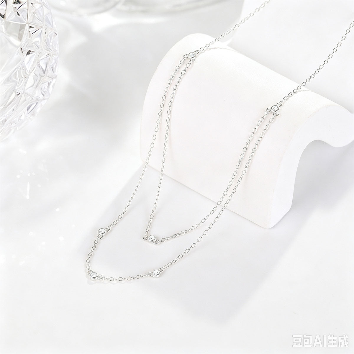 Bezel Simulated Diamond Station Layered Necklace - Silver