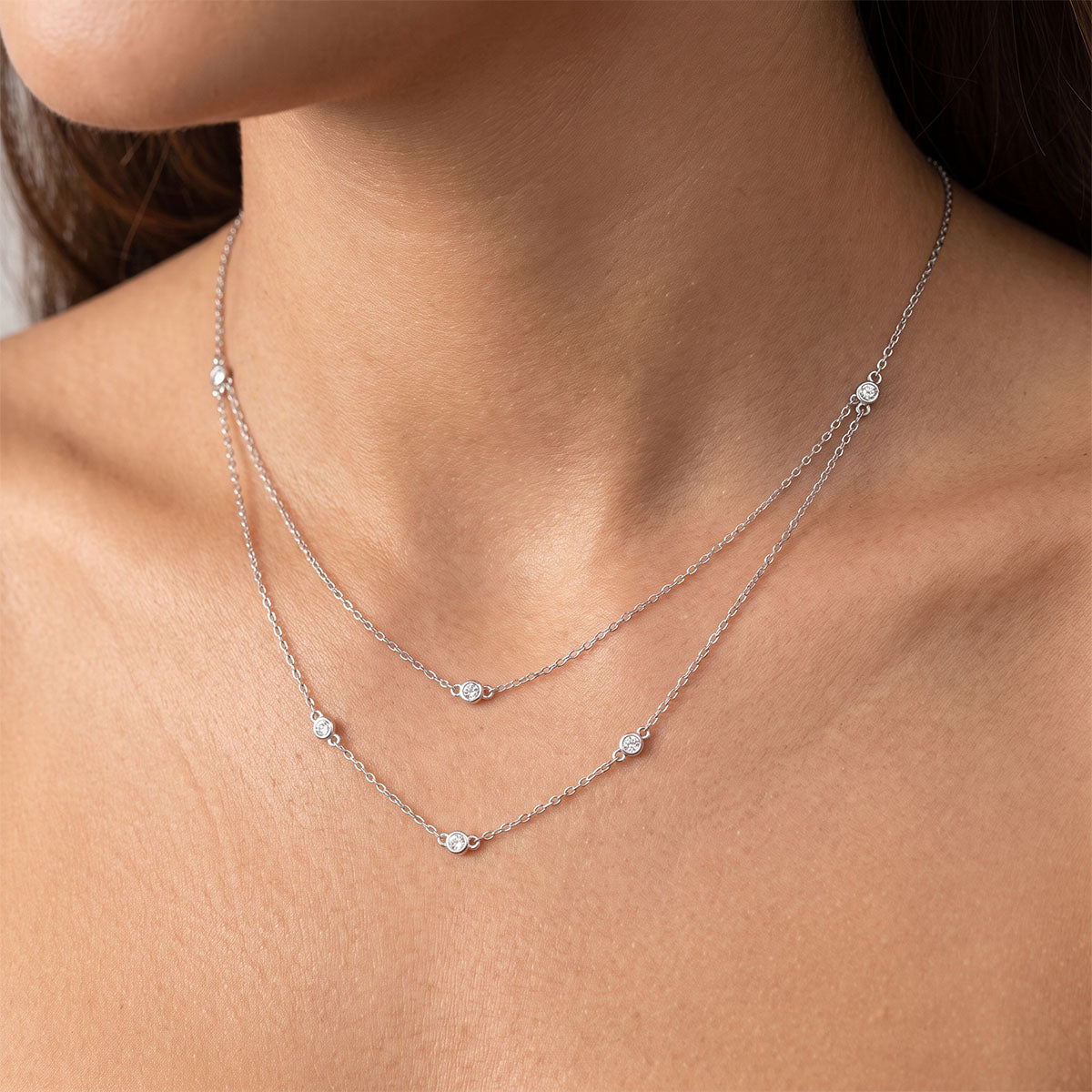 Bezel Simulated Diamond Station Layered Necklace - Silver