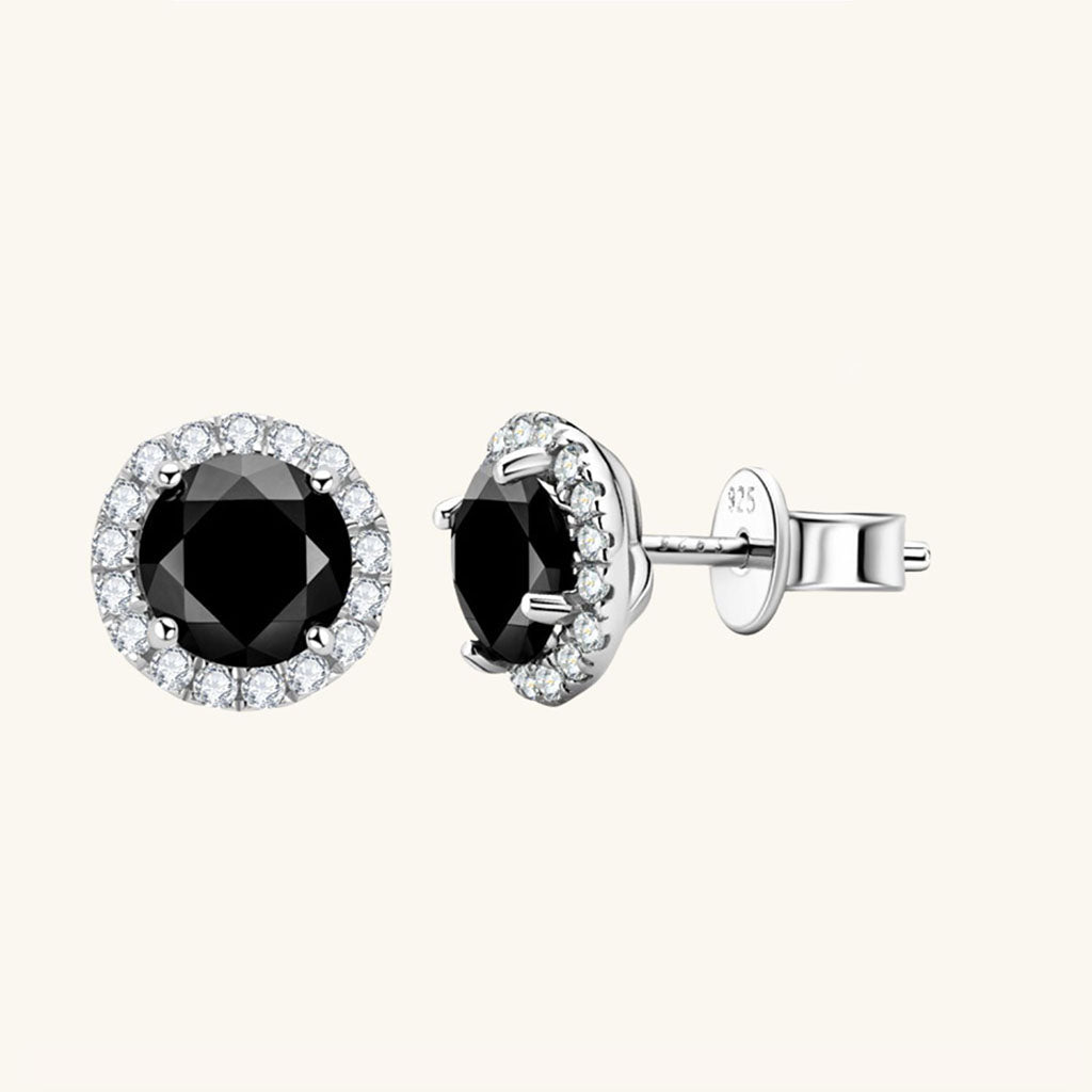 Black Moissanite Halo Stud Earrings - Silver