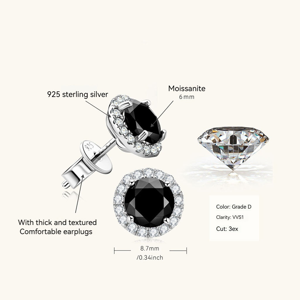 Black Moissanite Halo Stud Earrings - Silver