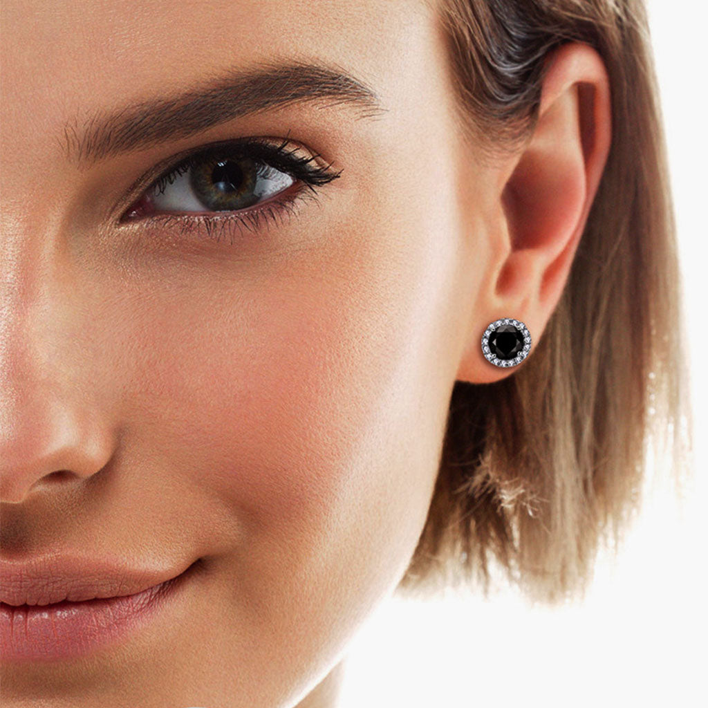 Black Moissanite Halo Stud Earrings - Silver