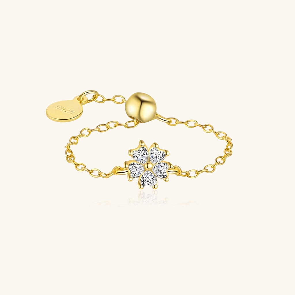 Blooming Floral Heart Diamond Chain Ring - Gold
