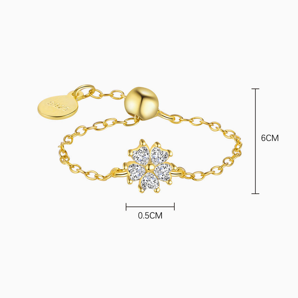 Blooming Floral Heart Diamond Chain Ring - Gold