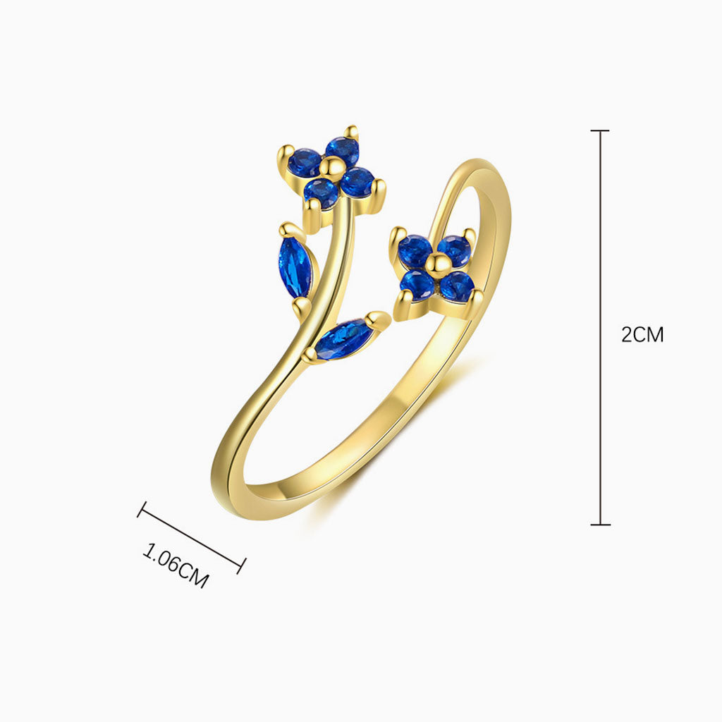 Blue Diamond Floral Wrap Open Ring - Gold
