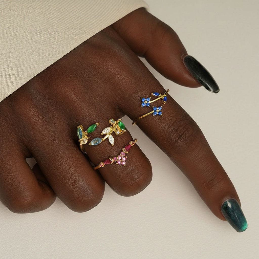 Blue Diamond Floral Wrap Open Ring - Gold