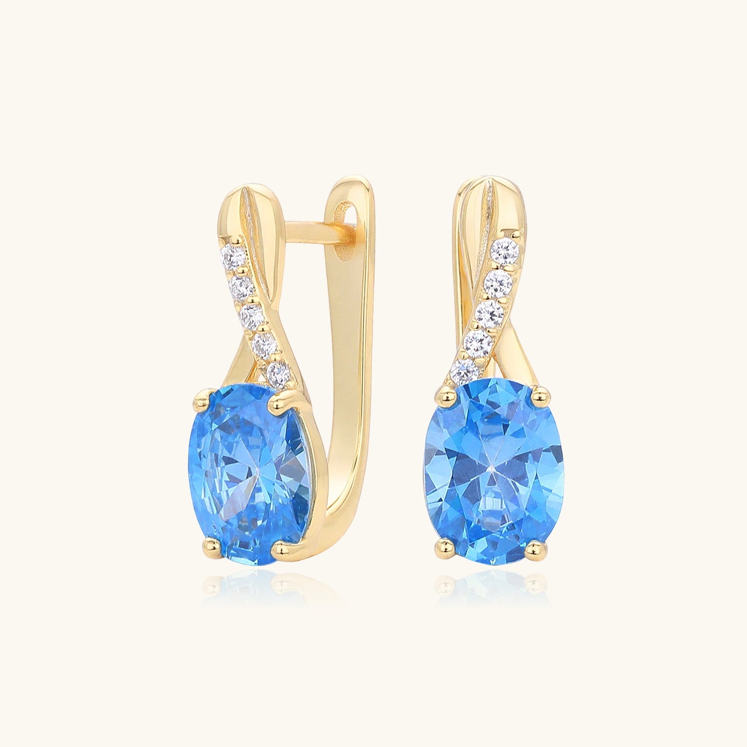 Blue Oval Diamond Huggie Drop Earrings - Gold