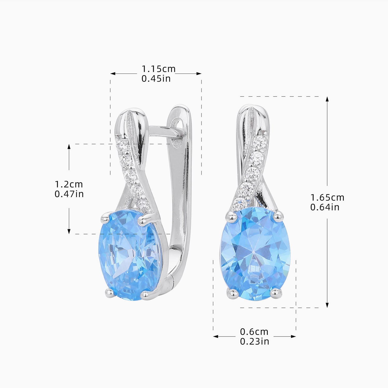 Blue Oval Diamond Huggie Drop Earrings - Silver