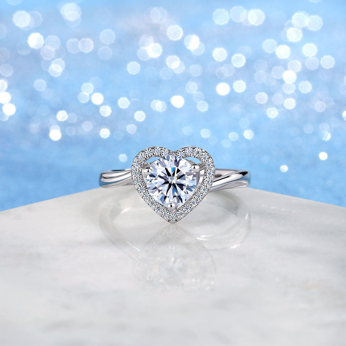 Brilliant Moissanite Heart Halo Band Ring - Silver