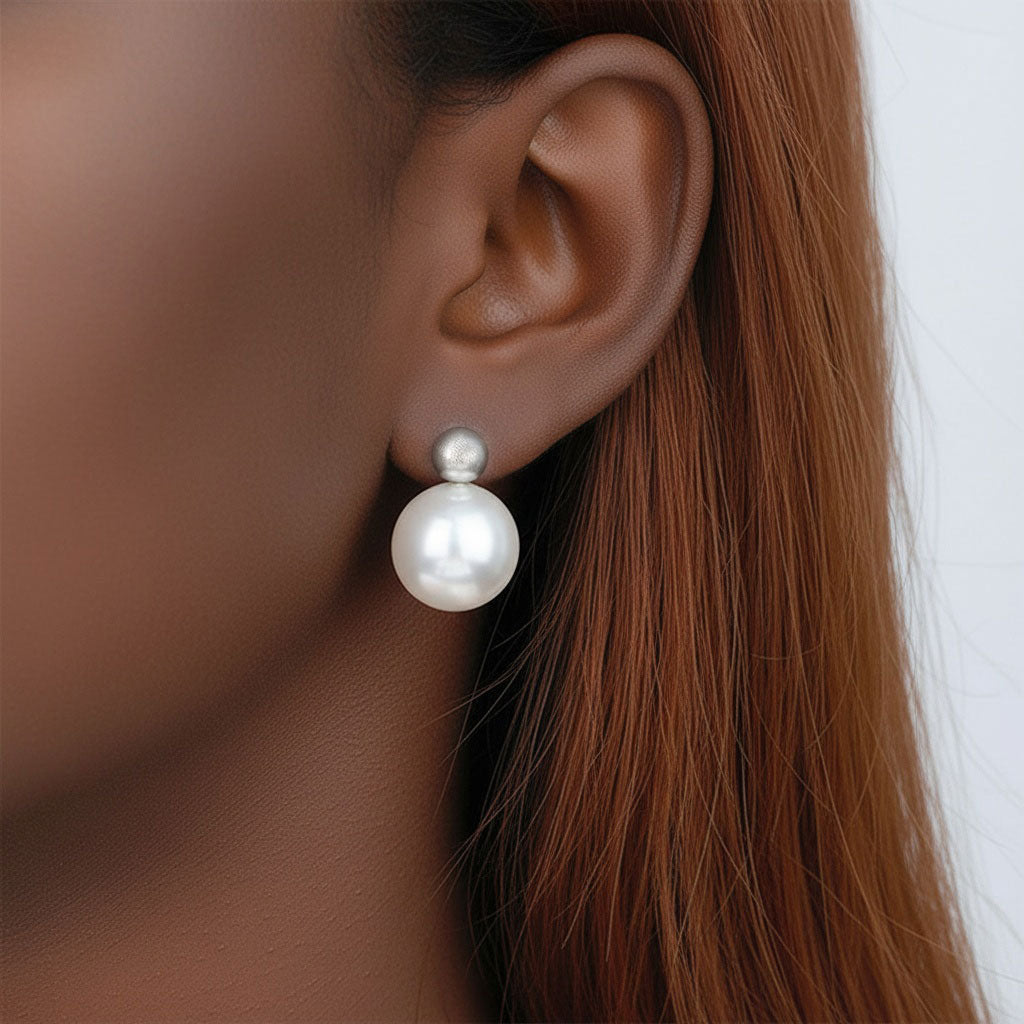 Brushed Ball Pearl Stud Earrings - Silver