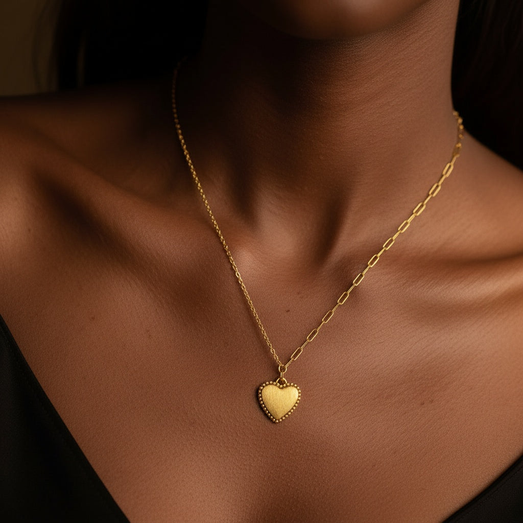 Brushed Heart Cable Paperclip Chain Necklace - Gold