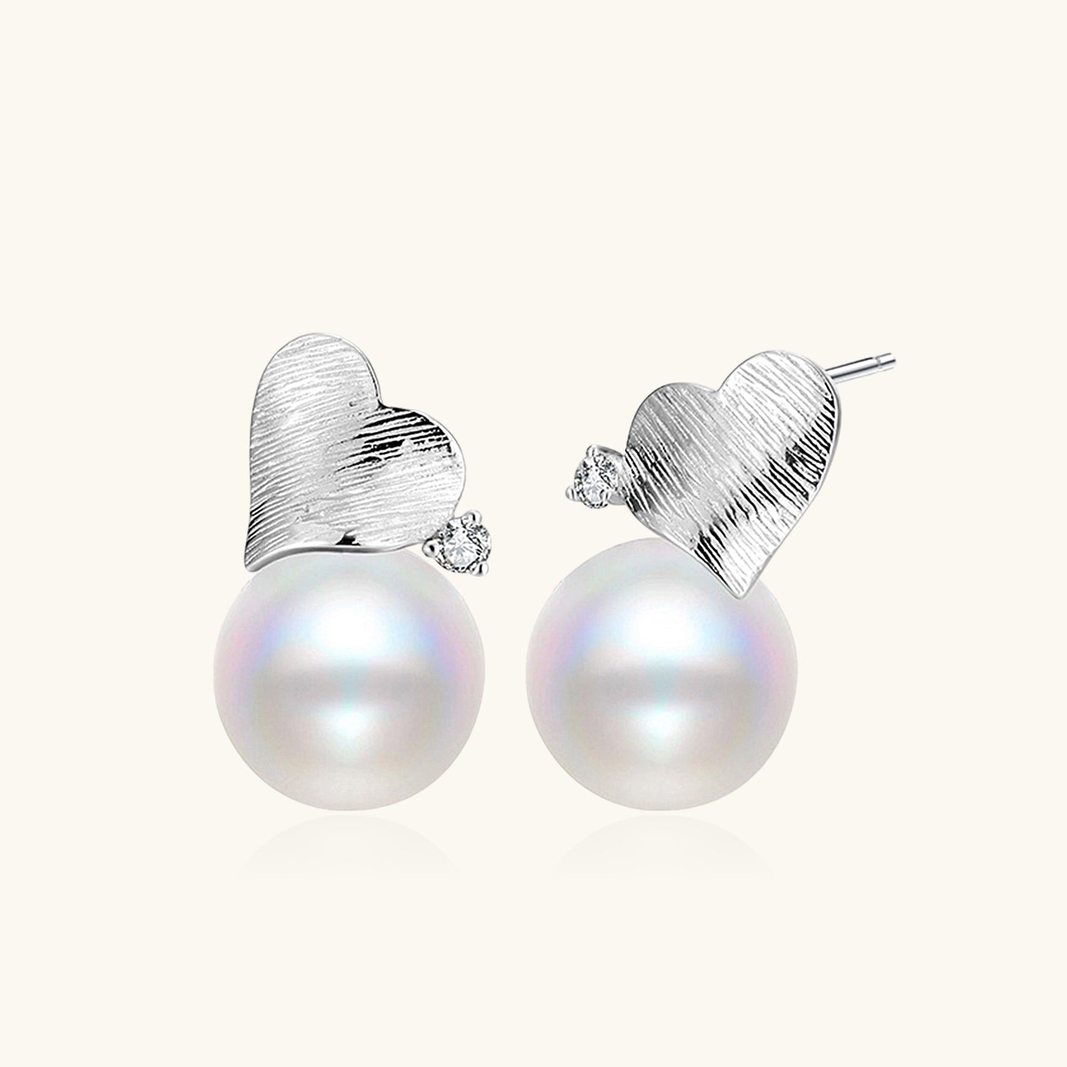 Brushed Heart Pearl Stud Earrings - Silver