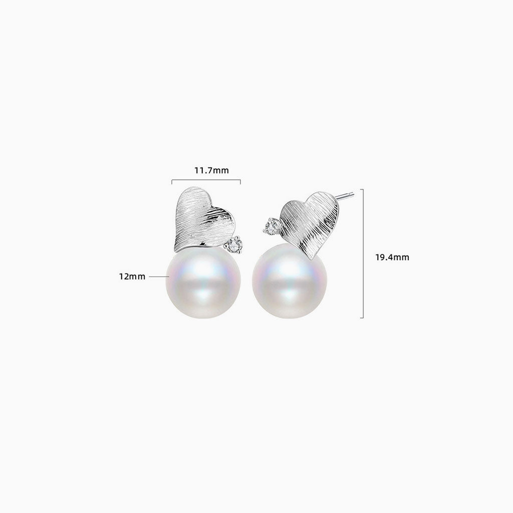 Brushed Heart Pearl Stud Earrings - Silver