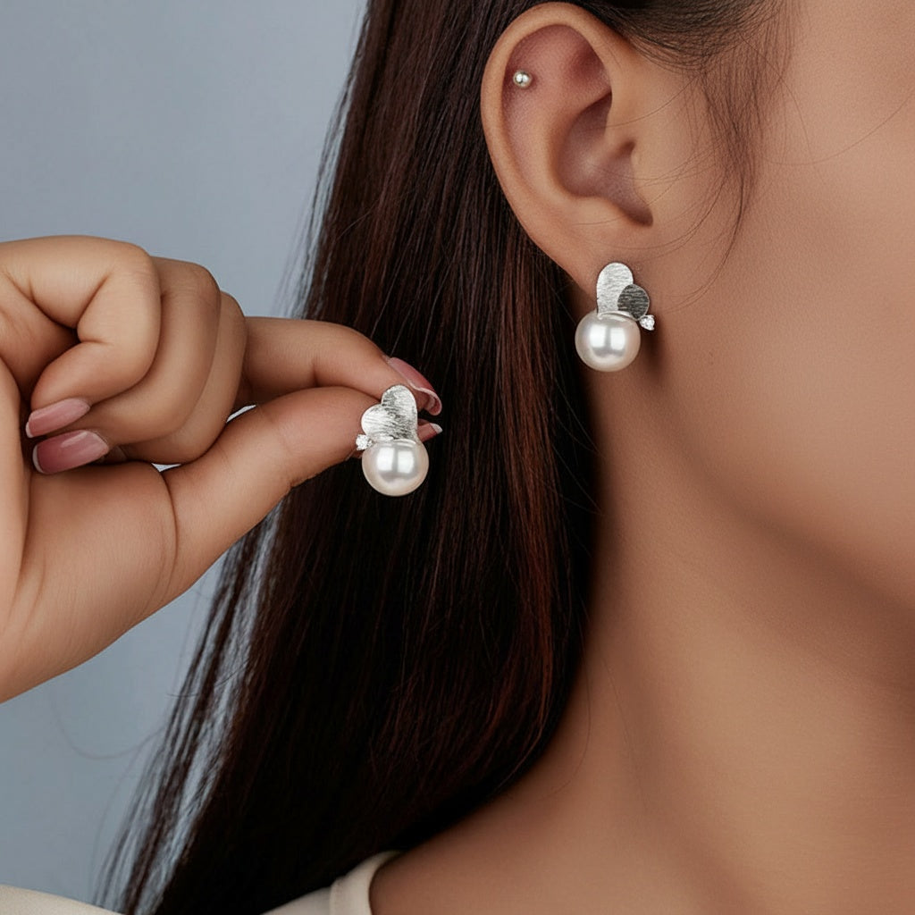 Brushed Heart Pearl Stud Earrings - Silver