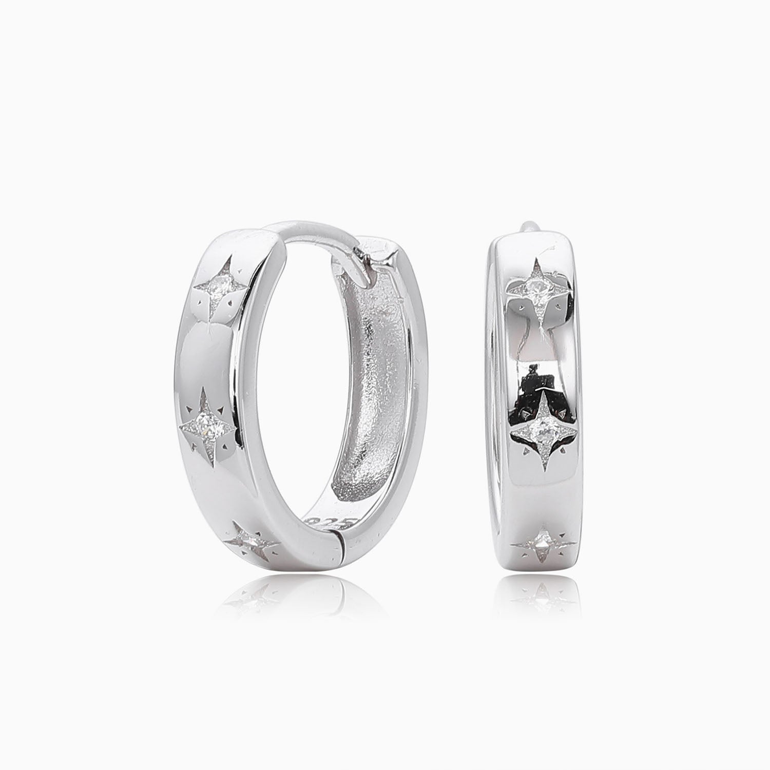 Celestial Star Diamond Huggie Hoop Earrings - Silver