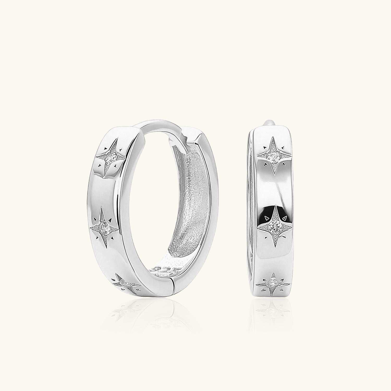 Celestial Star Diamond Huggie Hoop Earrings - Silver