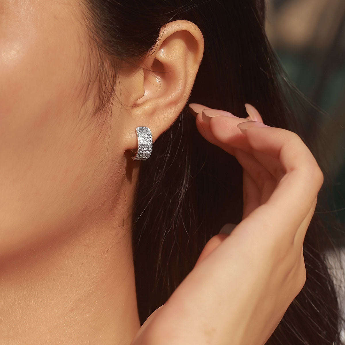Chunky Moissanite Huggie Hoop Earrings - Silver