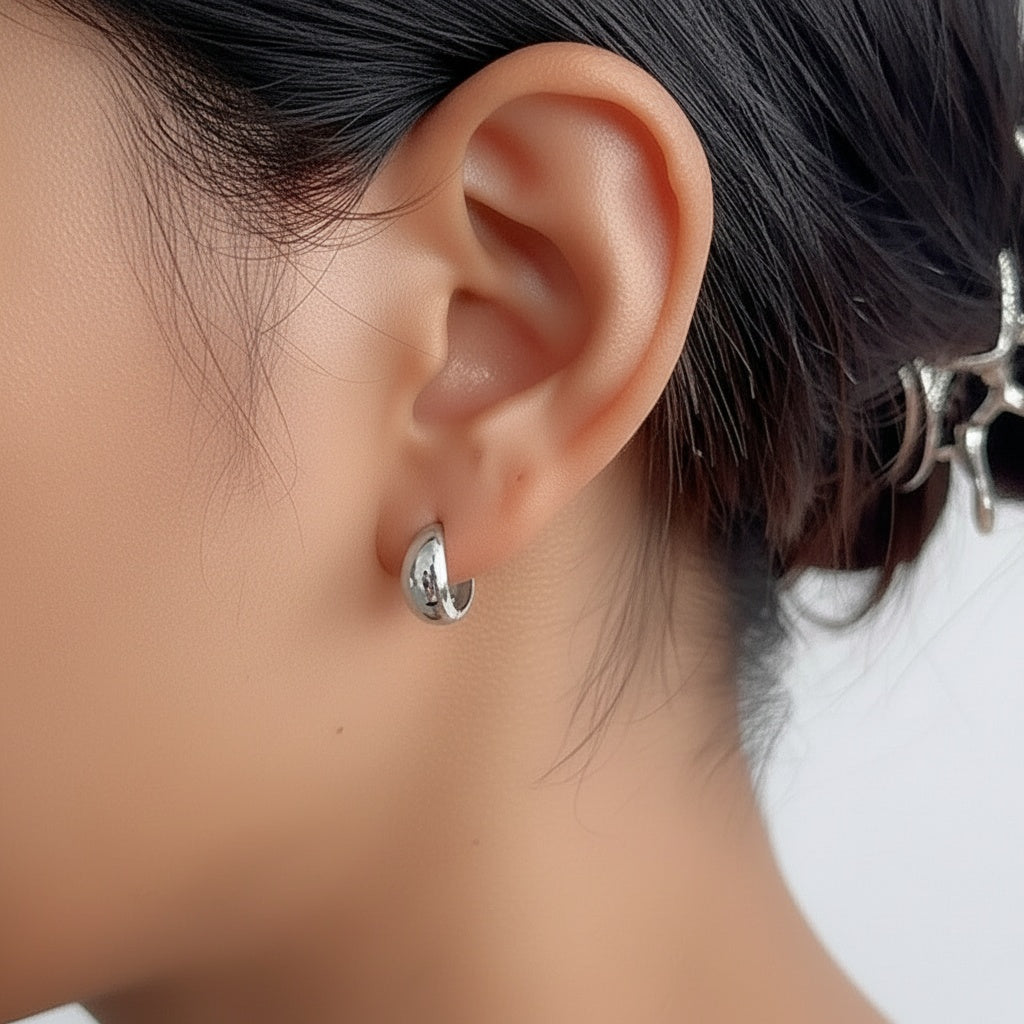 Chunky Round Dome Huggie Hoop Earrings - Silver