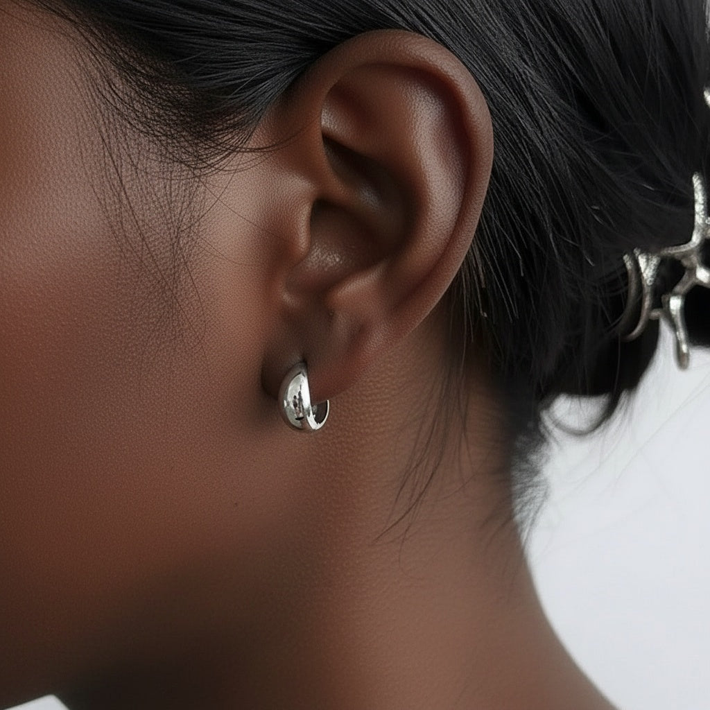 Chunky Round Dome Huggie Hoop Earrings - Silver