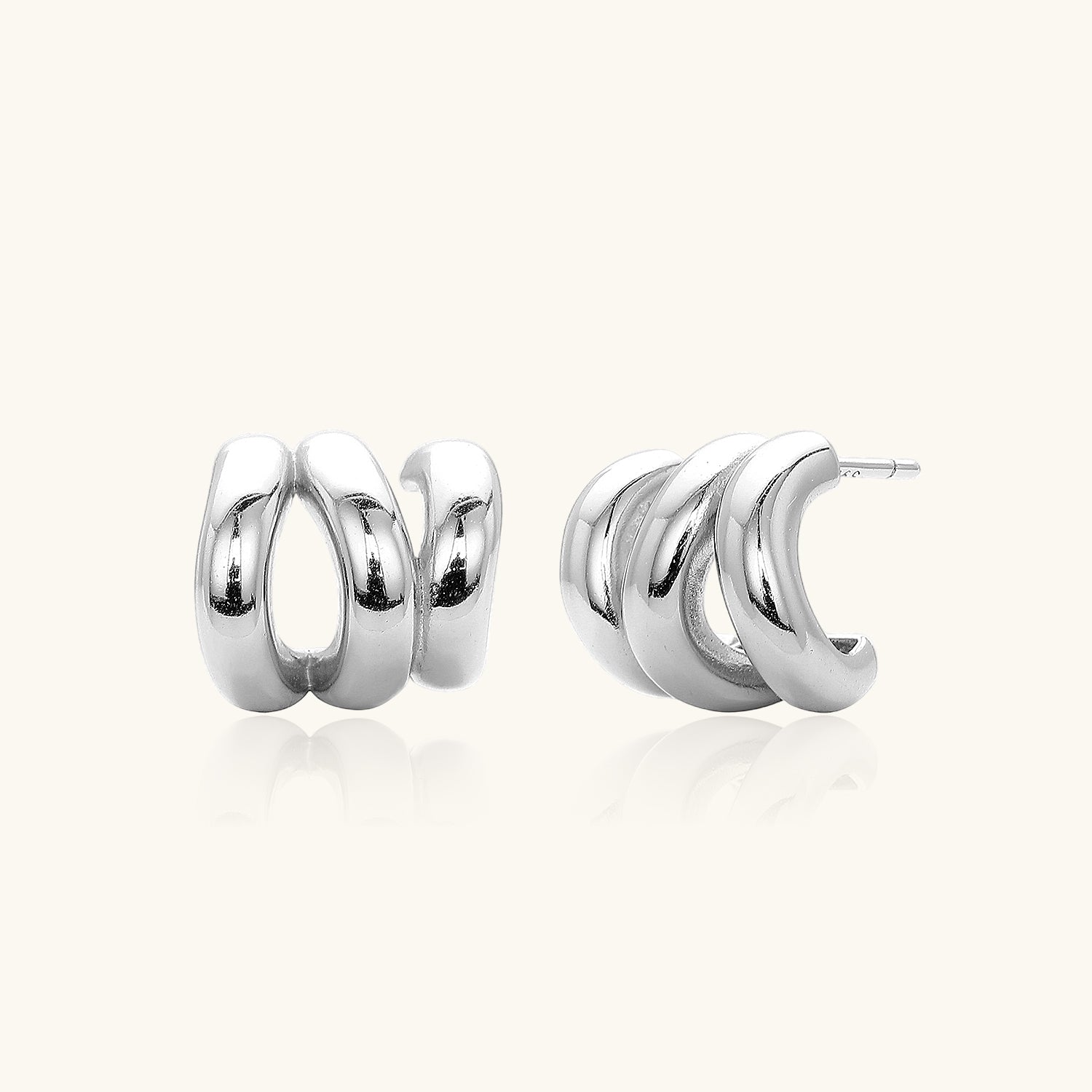 Chunky Triple Hoop Illusion Earrings - Silver