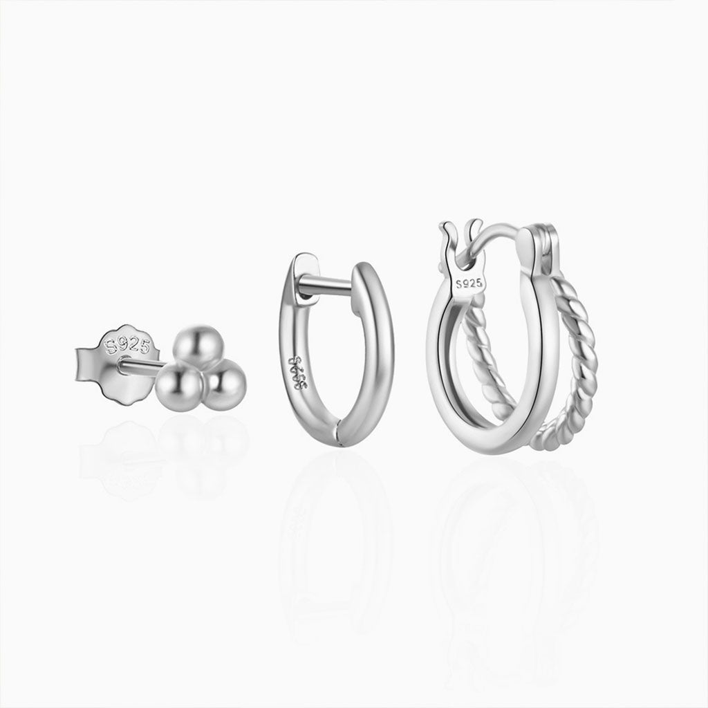 Classic 3 Piece Huggie Hoop Earring Bundles - Silver